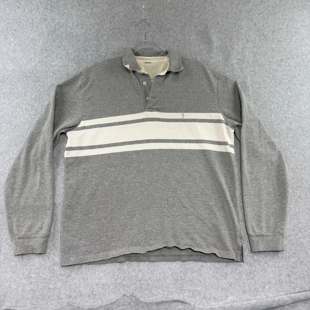 Vintage Polo Ralph Lauren Rugby Shirt Mens Large White Gray Striped Long Sleeve
